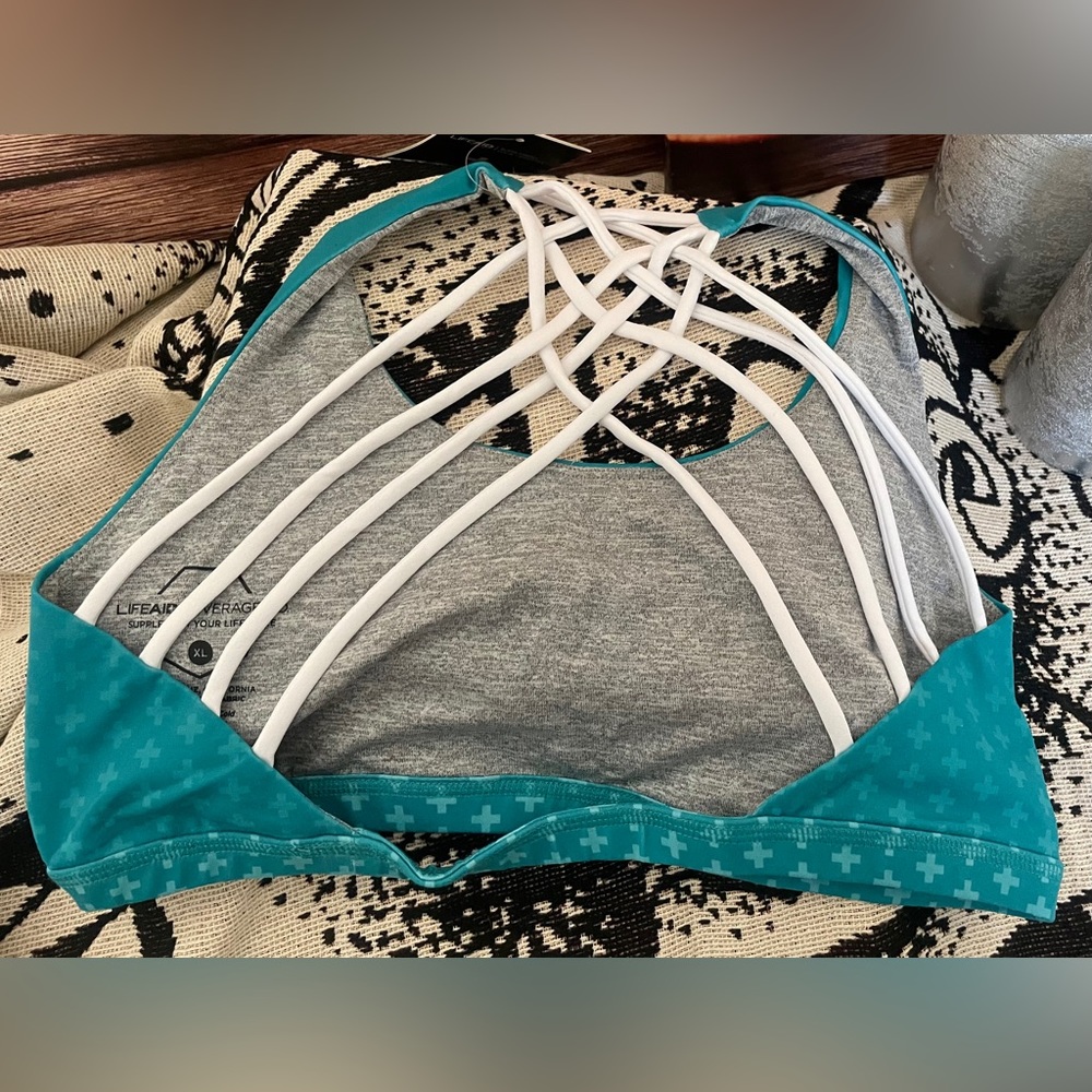 NWT fit Aid Sports Bra Sz XL Teal White Strappy Pilates Yoga Hiking Sporty Hike - Picture 3 of 5